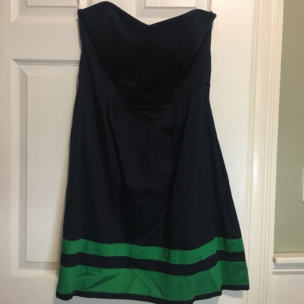 Navy and green strapless A-Line dress